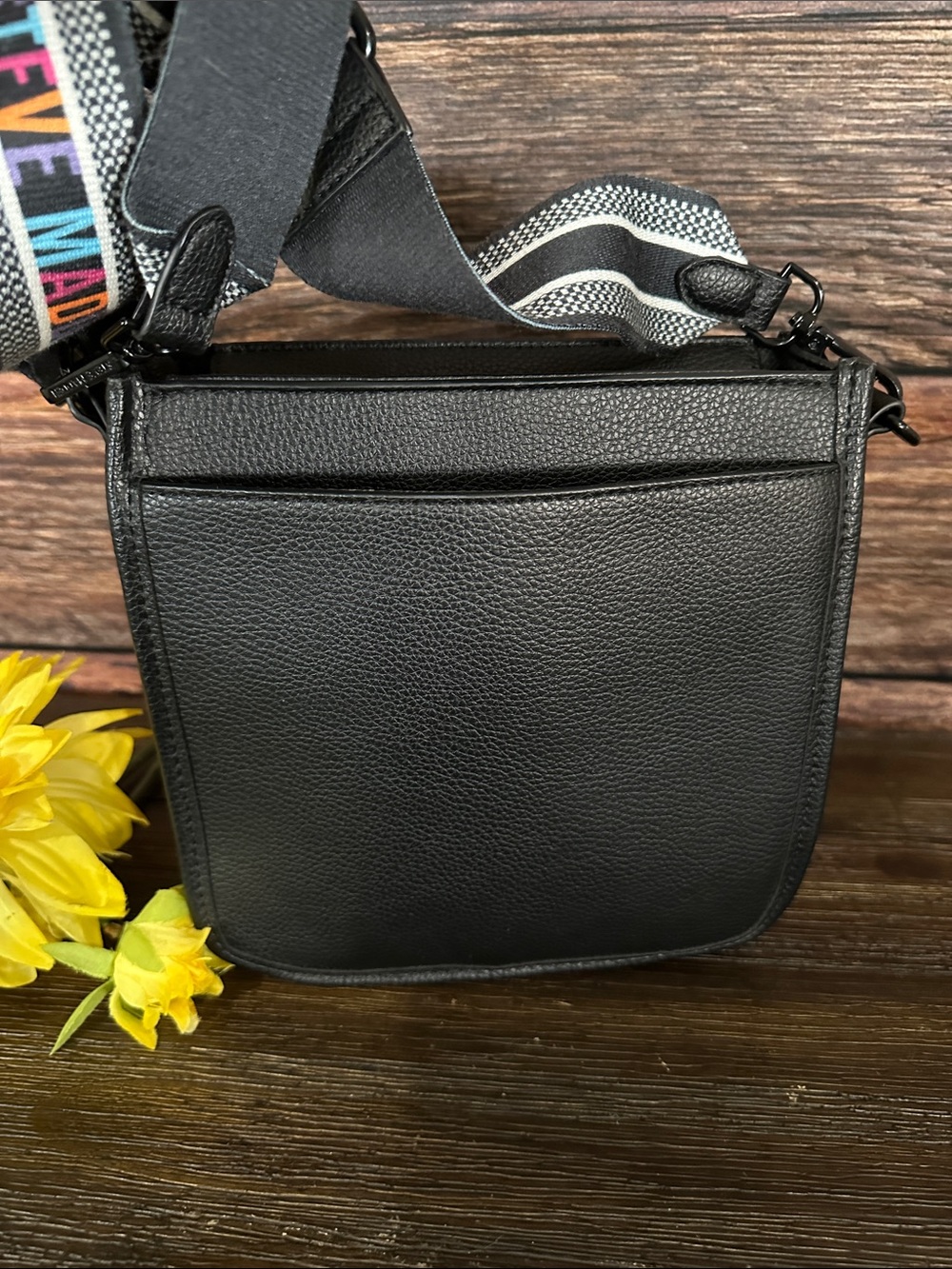 Steve Madden Bmezza Black Pebbled Crossbody with Multicolor Logo Strap - Picture 4 of 8